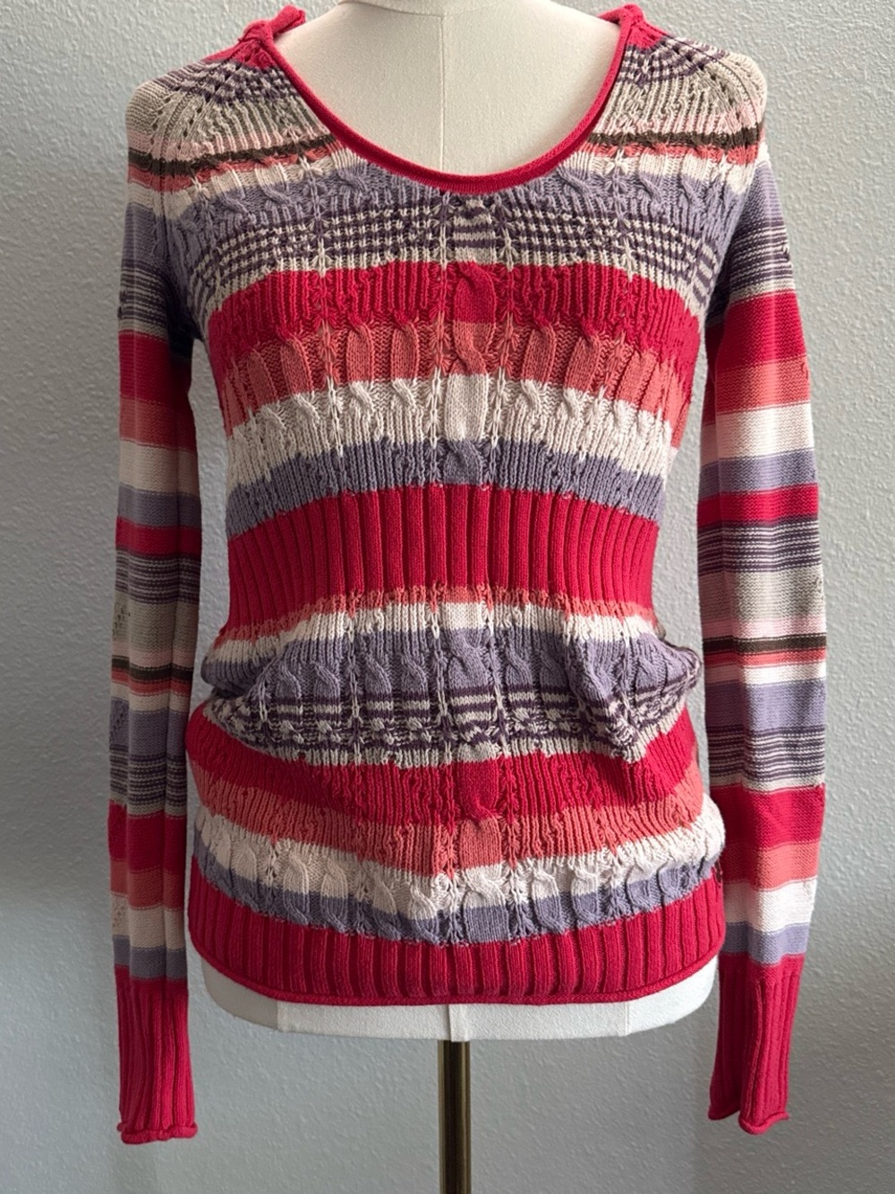DKNY Jeans Petites Hooded Striped Knit Sweater Pink Purple Size Medium